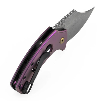 Kansept Wasp Folding Knife Purple Anodized Titanium/Holes Handle Damascus Plain Edge Modified Wharncliffe Acid Etched Finish T2144F6