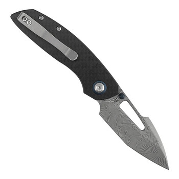 Tenable Link Folding Knife Black Twill Carbon Fiber/G10 Handle Damascus Harpoon Plain Edge Gray TiCn Finish B1068A1