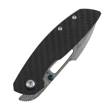 Tenable Link Folding Knife Black Twill Carbon Fiber/G10 Handle Damascus Harpoon Plain Edge Gray TiCn Finish B1068A1