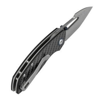 Tenable Link Folding Knife Black Twill Carbon Fiber/G10 Handle Damascus Harpoon Plain Edge Gray TiCn Finish B1068A1