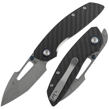 Tenable Link Folding Knife Black Twill Carbon Fiber/G10 Handle Damascus Harpoon Plain Edge Gray TiCn Finish B1068A1