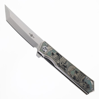 TwoSun Folding Knife Skull Titanium Handle YJ01-V1 Plain Edge Satin Finish TS20-YJ01-V1-Skull