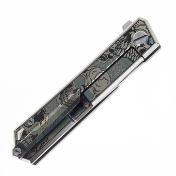 TwoSun Folding Knife Skull Titanium Handle YJ01-V1 Plain Edge Satin Finish TS20-YJ01-V1-Skull