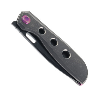 Poikilo Blade Gecko BS3 Folding Knife Dark Stonewash Titanium Handle With Holes M398 Drop Point Plain Edge Black Finish Gecko BS3