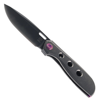 Poikilo Blade Gecko BS3 Folding Knife Dark Stonewash Titanium Handle With Holes M398 Drop Point Plain Edge Black Finish Gecko BS3