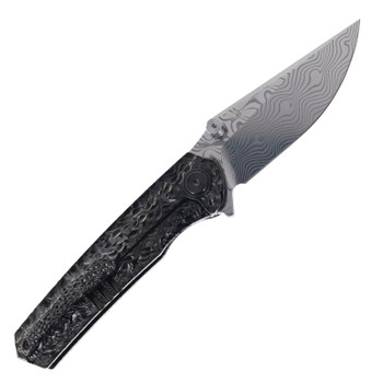 SixLeaf Folding Knife Black Titanium Handle Damascus Plain Edge SL-95-Engrave