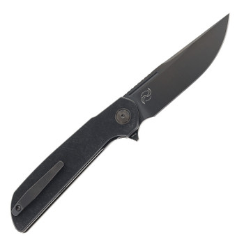 Reate Remedy Folding Knife Black Glass FatCarbon Handle Elmax Drop Point Plain Edge Belt DLC Blade
