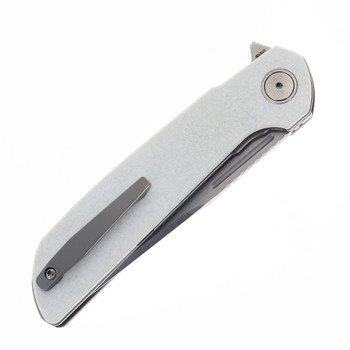 Reate Remedy Folding Knife White Glass FatCarbon Handle Elmax Drop Point Plain Edge Belt Satin Blade