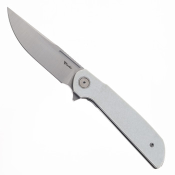 Reate Remedy Folding Knife White Glass FatCarbon Handle Elmax Drop Point Plain Edge Belt Satin Blade
