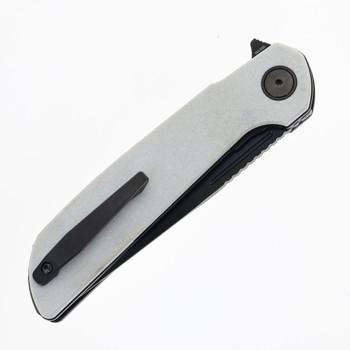 Reate Remedy Folding Knife White Glass FatCarbon Handle Elmax Drop Point Plain Edge Belt DLC Blade 