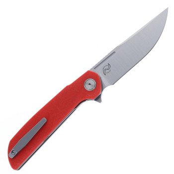 Reate Remedy Folding Knife Red Glass FatCarbon Handle Elmax Drop Point Plain Edge Belt Satin Blade