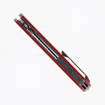 Reate Remedy Folding Knife Red Glass FatCarbon Handle Elmax Drop Point Plain Edge Belt Satin Blade