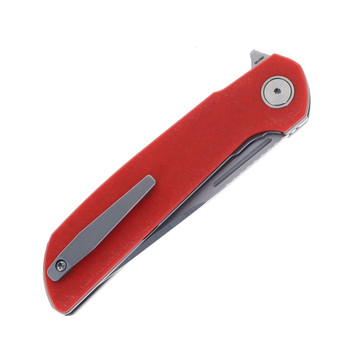 Reate Remedy Folding Knife Red Glass FatCarbon Handle Elmax Drop Point Plain Edge Belt Satin Blade