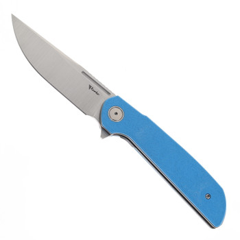 Reate Remedy Folding Knife Blue Glass FatCarbon Handle Elmax Drop Point Plain Edge Belt Satin Blade