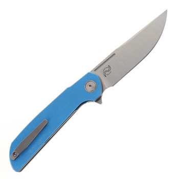 Reate Remedy Folding Knife Blue Glass FatCarbon Handle Elmax Drop Point Plain Edge Belt Satin Blade