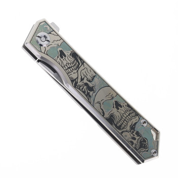 TwoSun Folding Knife Skull Engraved Titanium Handle YJ01-V1 Plain Edge Satin Finish TS-20-YJ01-SKULL