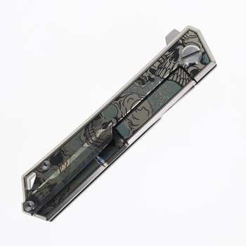 TwoSun Folding Knife Skull Engraved Titanium Handle YJ01-V1 Plain Edge Satin Finish TS-20-YJ01-SKULL