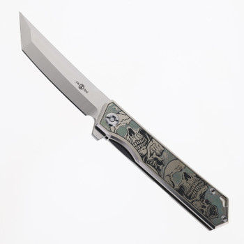 TwoSun Folding Knife Skull Engraved Titanium Handle YJ01-V1 Plain Edge Satin Finish TS-20-YJ01-SKULL