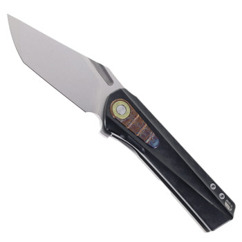 TwoSun Folding Knife Black Titanium/Carbon Fiber Handle K110 Plain Edge Stonewash Finish TS523