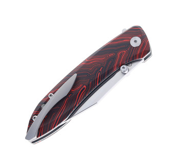 Open Box / ReturnPetrified Fish Grow Button Lock Folding Knife Red Gmascus Handle K110 Plain Edge Satin Finish E08-RDMS