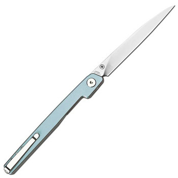 CJRB Lanky Folding Knife Light Blue Aluminum Handle 14C28N Drop Point Plain Edge Sand Polish Finish J1965-PBU