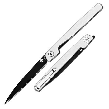 CJRB Lanky Folding Knife Silver Aluminum Handle 14C28N Drop Point Plain Edge Black PVD Finish J1965-SLV