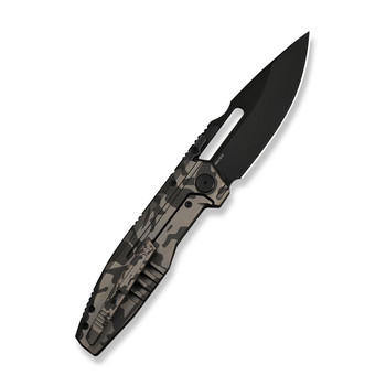 WE Reveille Folding Knife Desert Terrain Ti Handle M390 Drop Point Plain Edge Black Stonewashed Bevels, Black Brushed Flats Finish Limited WE23057-3
