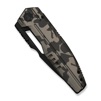 WE Reveille Folding Knife Desert Terrain Ti Handle M390 Drop Point Plain Edge Black Stonewashed Bevels, Black Brushed Flats Finish Limited WE23057-3