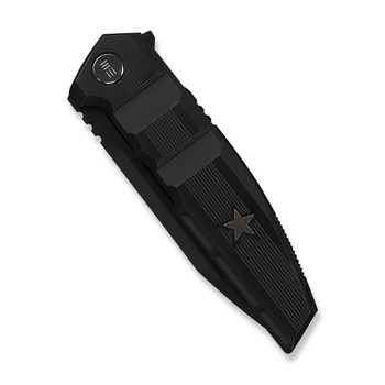 WE Breach Folding Knife Black Titanium Handle M390 Plain Edge Black Stonewashed Bevels Black Brushed Flats Finish Limited WE25077-2