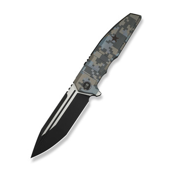 WE Breach Folding Knife Pixel Pattern Titanium Handle M390 Plain Edge Black Stonewash Satin Flat Finish Limited WE25077-3