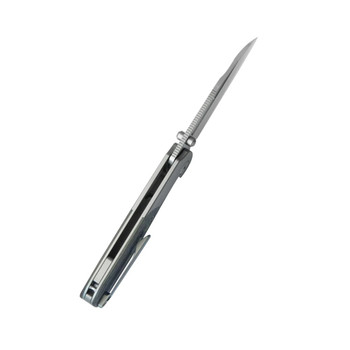 KB Icicle Folding Knife Sandblast Titanium/80's Camo Carbon Handle Elmax Wharncliffe Plain Edge Belt Satin Finish KB432A