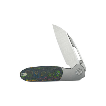 KB Icicle Folding Knife Sandblast Titanium/80's Camo Carbon Handle Elmax Wharncliffe Plain Edge Belt Satin Finish KB432A