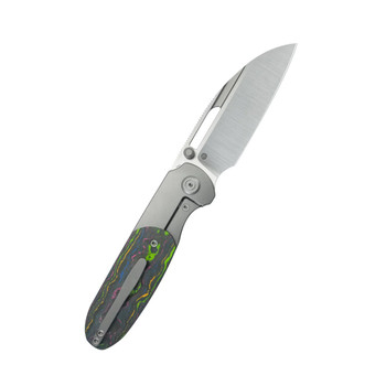 KB Icicle Folding Knife Sandblast Titanium/80's Camo Carbon Handle Elmax Wharncliffe Plain Edge Belt Satin Finish KB432A