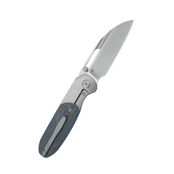 KB Icicle Folding Knife Sandblasted Titanium/Electric Blue Camo Carbon Fiber Handle Elmax Wharncliffe Plain Edge Belt Satin Finish KB432B