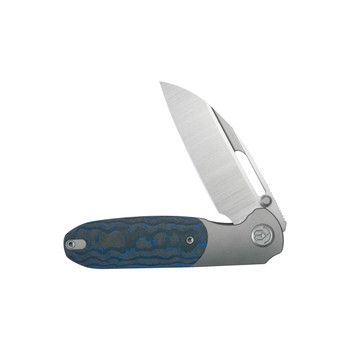 KB Icicle Folding Knife Sandblasted Titanium/Electric Blue Camo Carbon Fiber Handle Elmax Wharncliffe Plain Edge Belt Satin Finish KB432B