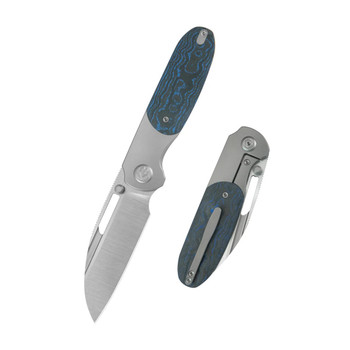 KB Icicle Folding Knife Sandblasted Titanium/Electric Blue Camo Carbon Fiber Handle Elmax Wharncliffe Plain Edge Belt Satin Finish KB432B