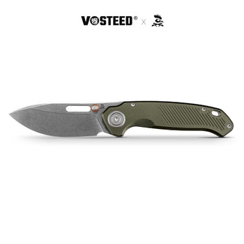 Vosteed Zander Folding Knife Olive Green Aluminum Handle S35VN Modified Drop Point Plain Edge Stonewash Finish A4602