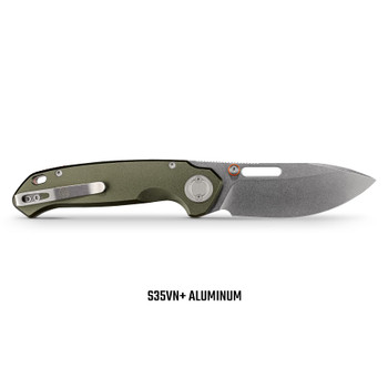 Vosteed Zander Folding Knife Olive Green Aluminum Handle S35VN Modified Drop Point Plain Edge Stonewash Finish A4602