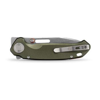 Vosteed Zander Folding Knife Olive Green Aluminum Handle S35VN Modified Drop Point Plain Edge Stonewash Finish A4602