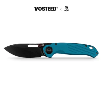 Vosteed Zander Folding Knife Steel Blue Aluminum Handle S35VN Modified Drop Point Plain Edge Black Stonewash Finish A4603
