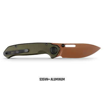 Vosteed Zander Folding Knife Olive Green Aluminum Handle S35VN Modified Drop Point Plain Edge Copper Dune Finish A4604