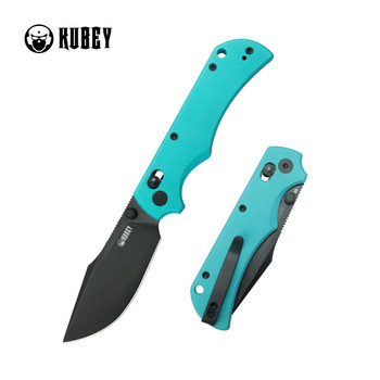Kubey Iguana Folding Knife Aqua Blue G10 Handle D2 Drop Point Plain Edge Blackwash Finish KU503C