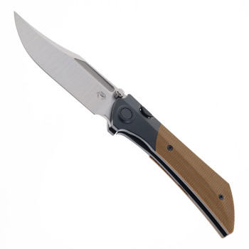 Gecko Dune Folding Knife Tan Canvas Micarta Handle M390 Bowie Plain Edge Belt Satin Finish GCKW-Dune-A3