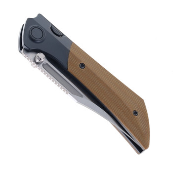 Gecko Dune Folding Knife Tan Canvas Micarta Handle M390 Bowie Plain Edge Belt Satin Finish GCKW-Dune-A3