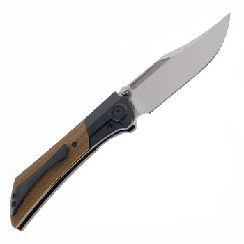 Gecko Dune Folding Knife Tan Canvas Micarta Handle M390 Bowie Plain Edge Belt Satin Finish GCKW-Dune-A3