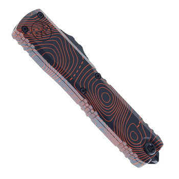 Microtech Ultratech Gen IV OTF Automatic Knife Topographic Black/Orange Camo Aluminum Handle T/E M390MK Blade 11234-1TPBKORCS