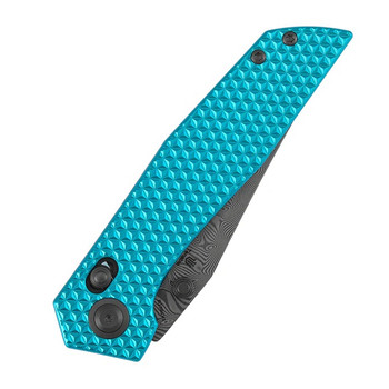 Tenable Deadite Folding Knife Light Blue Aluminum Handle Water Ripple Damascus Clip Point Plain Edge B1081V1