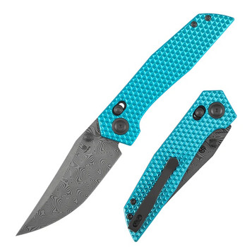 Tenable Deadite Folding Knife Light Blue Aluminum Handle Water Ripple Damascus Clip Point Plain Edge B1081V1