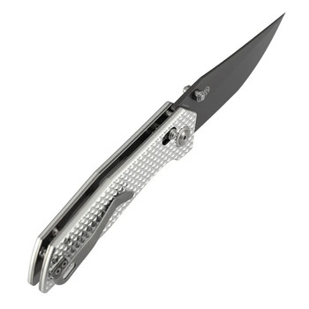 Tenable Deadite Folding Knife Silver Aluminum Handle 14C28N Clip Point Plain Gray TiCn Coated Blade B1081V2