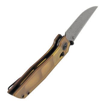 Tenable Deadite Folding Knife Amber PEI Handle Water Ripple Damascus Clip Point Plain Edge B1081V4